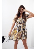 Airy dress with gathered waist, cream and yellow 030800 - Online store - Boutique